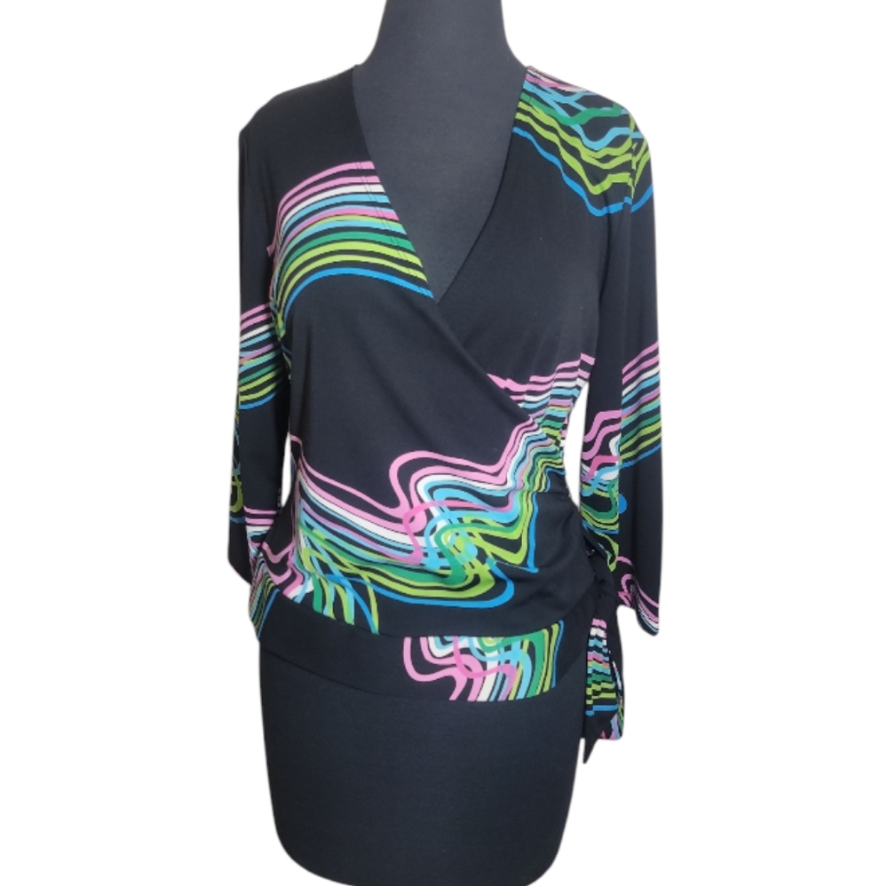Clothing Co by Notations faux wrap top women's medium abstract print 3/4 sleeve